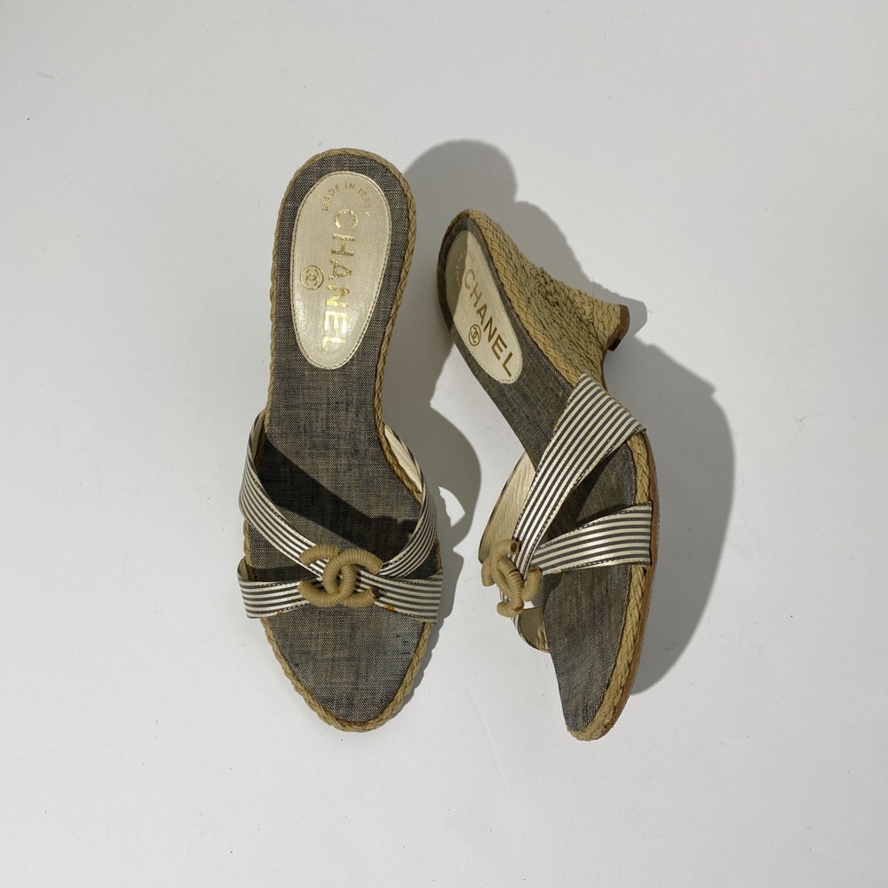 Chanel CC Gray Striped Espadrille Wedge Sandals